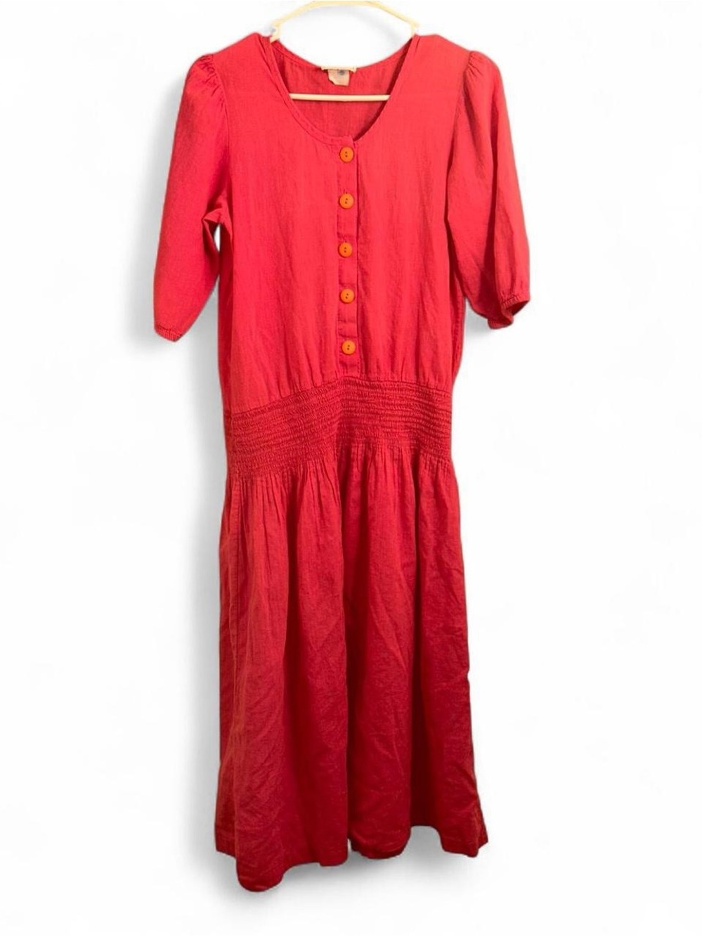 Vintage Appel  Midi Dress with Smocked Waist and Button Front